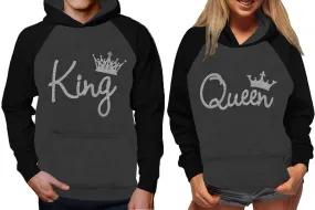 King Queen Couple Raglan Hoodies, Black Charcoal Contast Hoodies