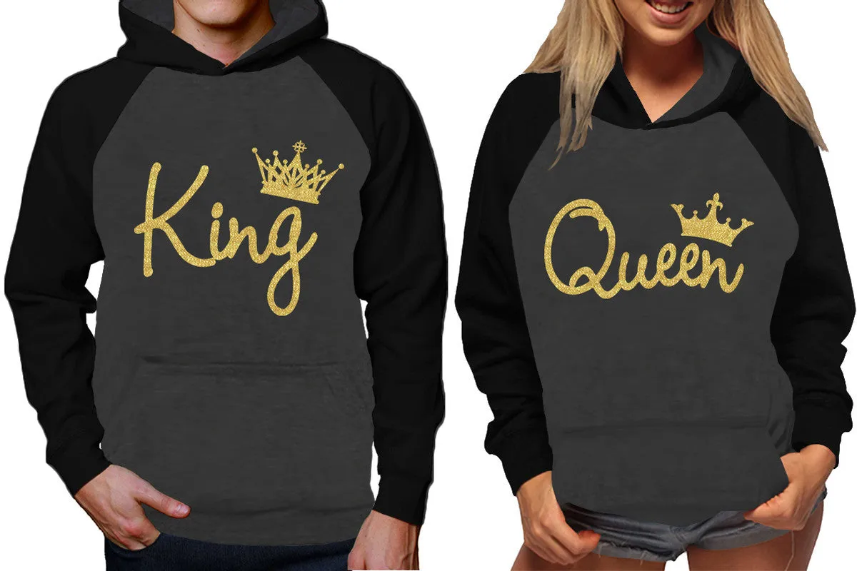 King Queen Couple Raglan Hoodies, Black Charcoal Contast Hoodies