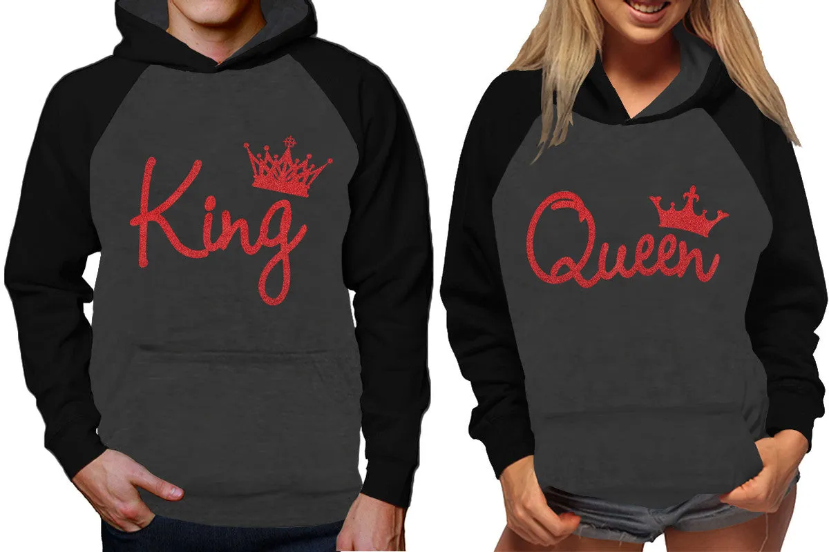 King Queen Couple Raglan Hoodies, Black Charcoal Contast Hoodies