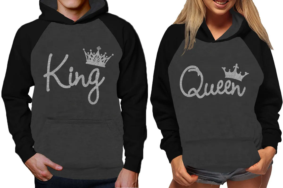 King Queen Couple Raglan Hoodies, Black Charcoal Contast Hoodies