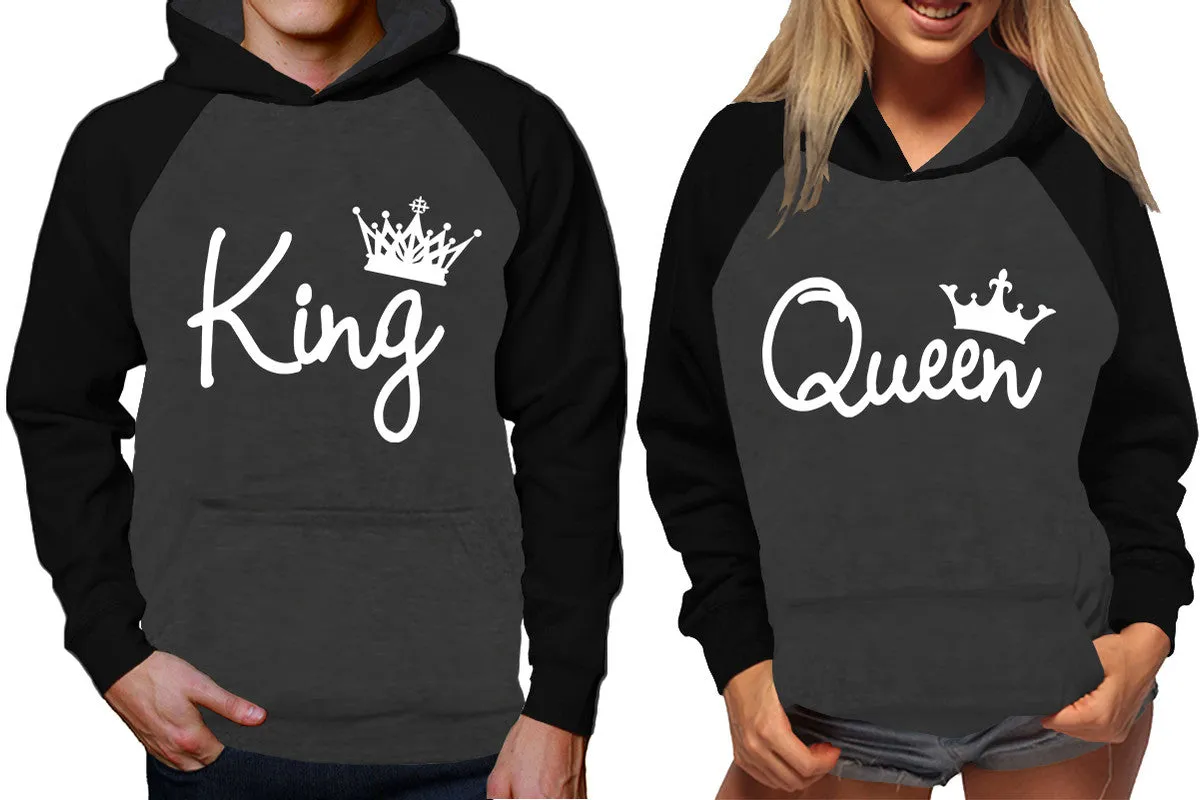 King Queen Couple Raglan Hoodies, Black Charcoal Contast Hoodies