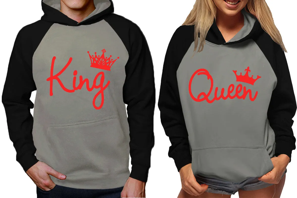 King Queen Couple Raglan Hoodies, Black Grey Contast Hoodies