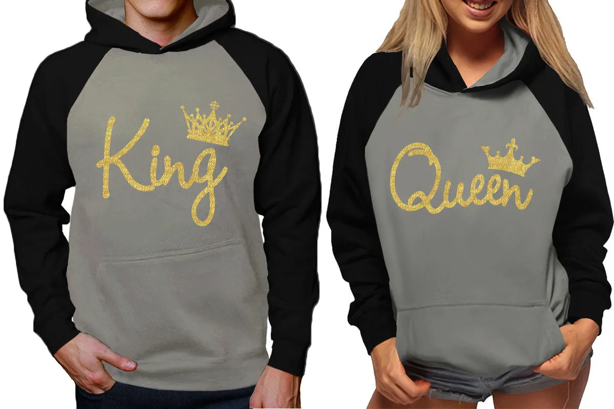 King Queen Couple Raglan Hoodies, Black Grey Contast Hoodies