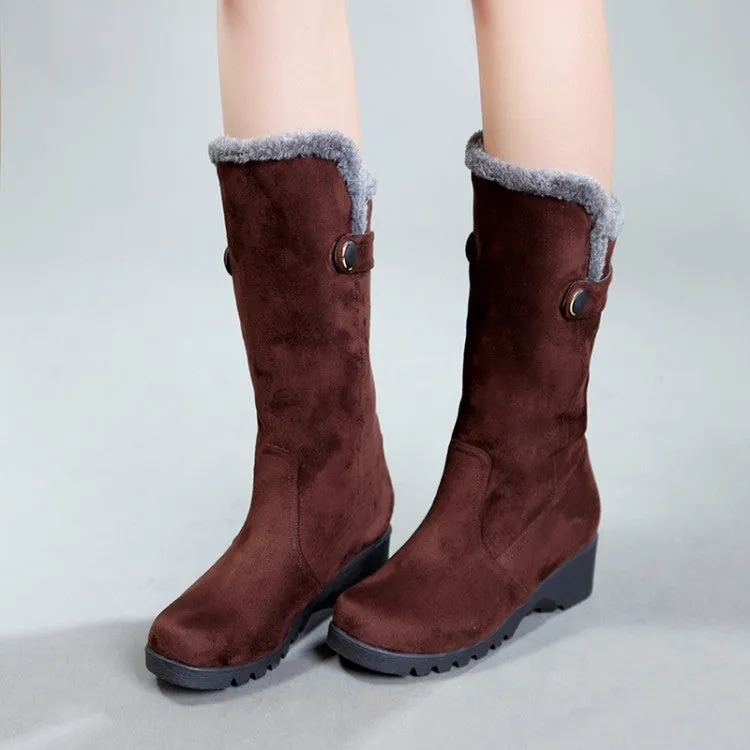 Women's Flock Round Toe Wedge Heel Mid-Calf Boots