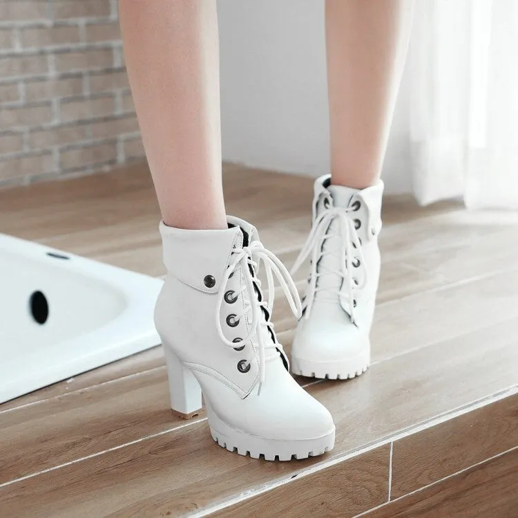 Women's Booties Lace-Up Block Chunky Heel Fold Platform Short Boots