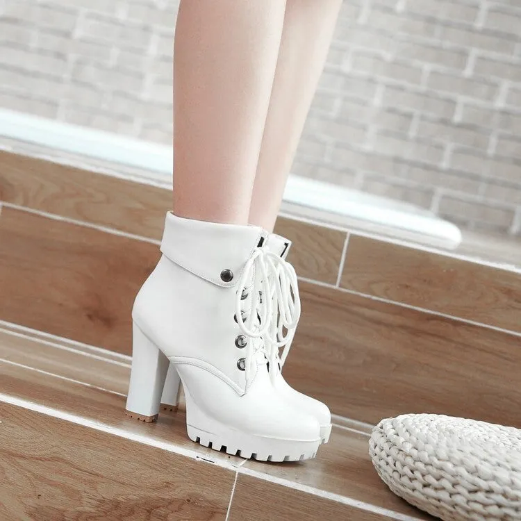 Women's Booties Lace-Up Block Chunky Heel Fold Platform Short Boots