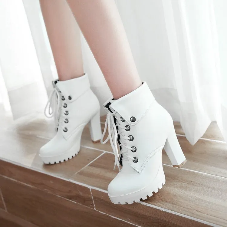 Women's Booties Lace-Up Block Chunky Heel Fold Platform Short Boots