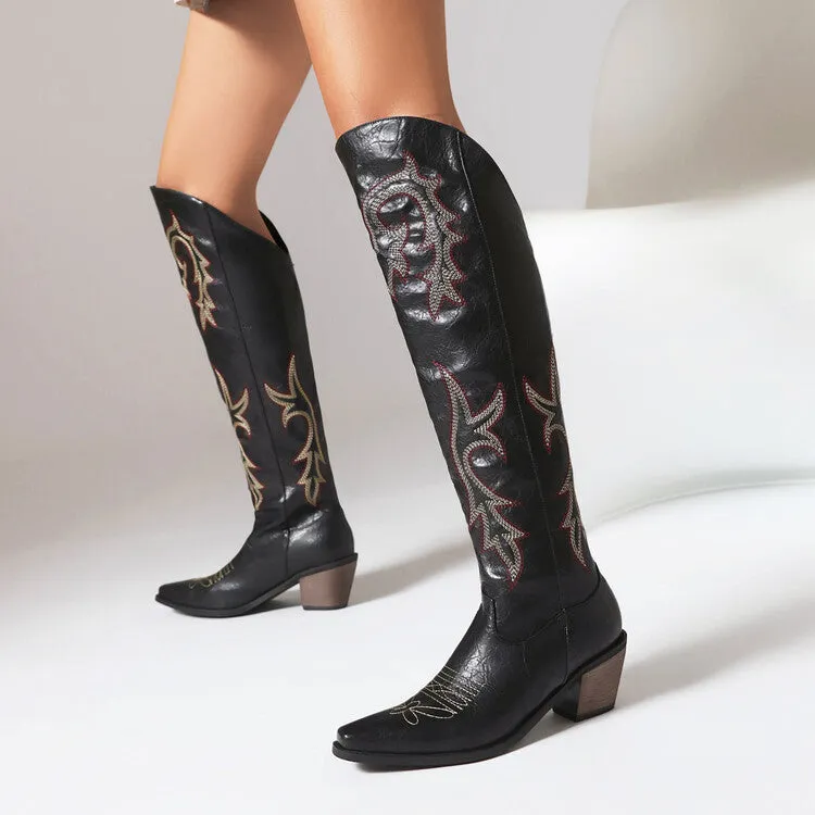 Women's Cowboy Pointed Toe Beveled Heel Embroidery Knee High Western Boots