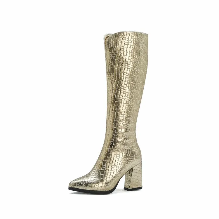 Women's Crocodile Pattern Pointed Toe Side Zippers Block Chunky Heel Knee High Boots