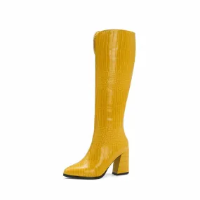 Women's Crocodile Pattern Pointed Toe Side Zippers Block Chunky Heel Knee High Boots