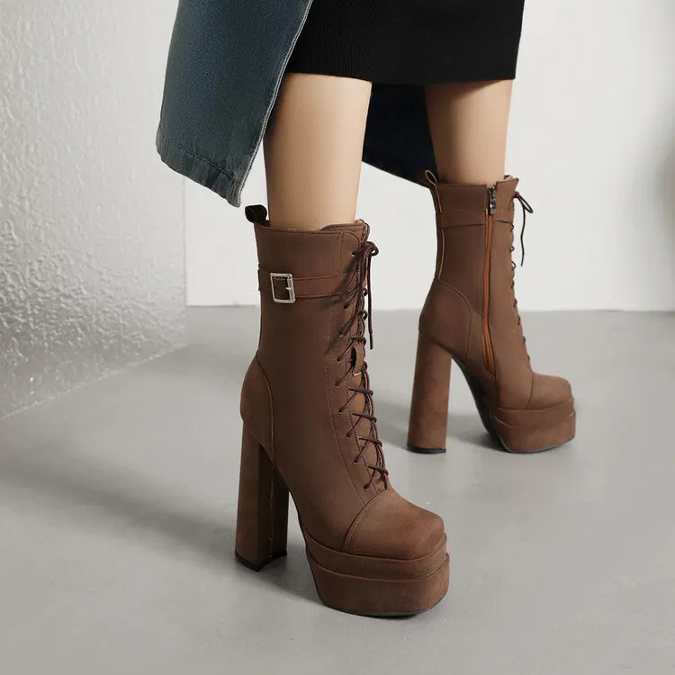 Women's Square Toe Lace Up Buckle Straps Block Chunky Heel Platform Side Zippers Short Boots