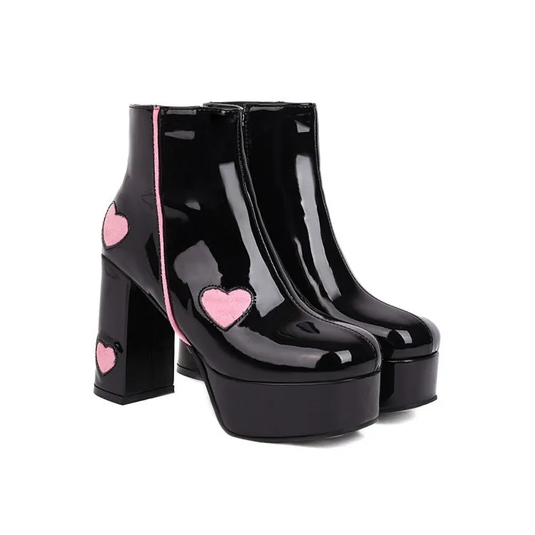 Women's Glossy Round Toe Love Hearts Side Zippers Block Chunky Heel Platform Short Boots