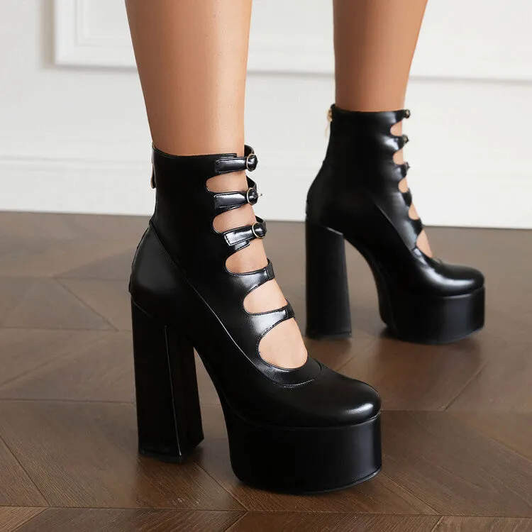 Women's Booties Glossy Round Toe Cutout Buckle Straps Block Chunky Heel Platform Short Boots