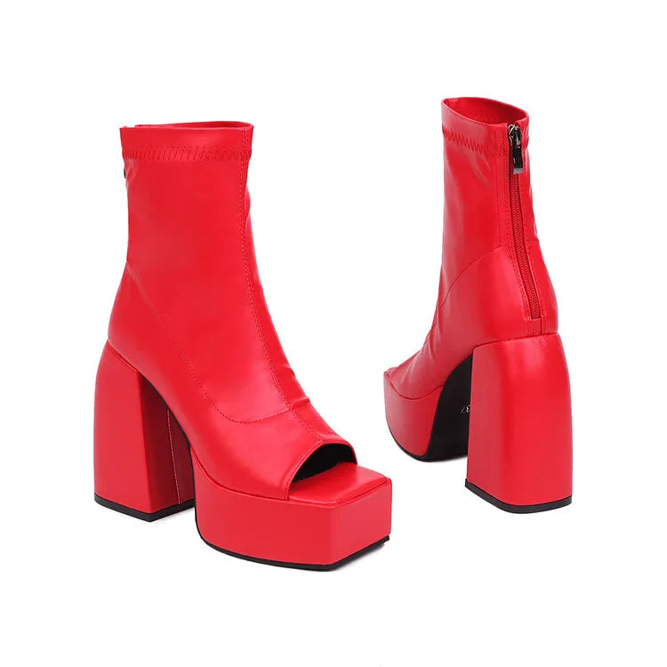 Women's Peep Toe Back Zippers Block Chunky Heel Platform Ankle Boots