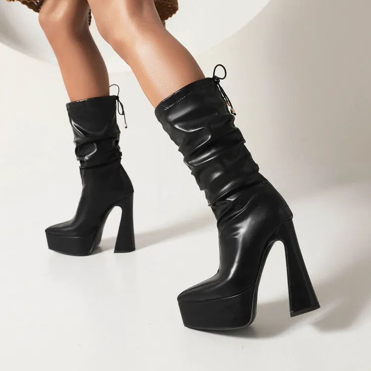 Women's Pu Leather Pointed Toe Back Tied Straps Spool Heel Platform Mid-calf Boots