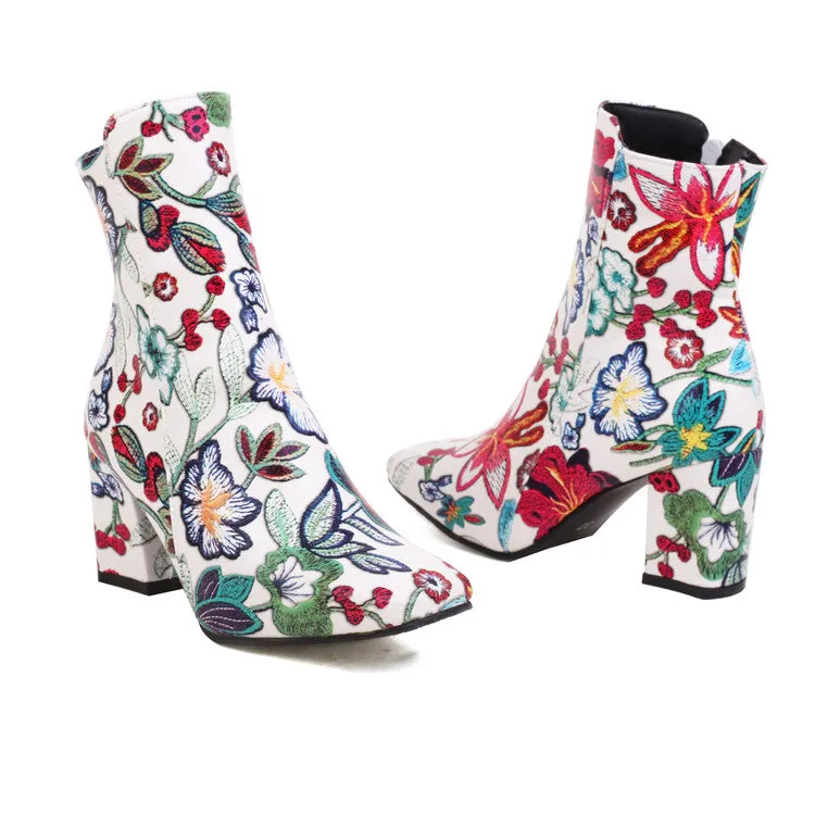 Women's Printed Pu Leather Side Zippers Block Chunky Heel Ankle Boots