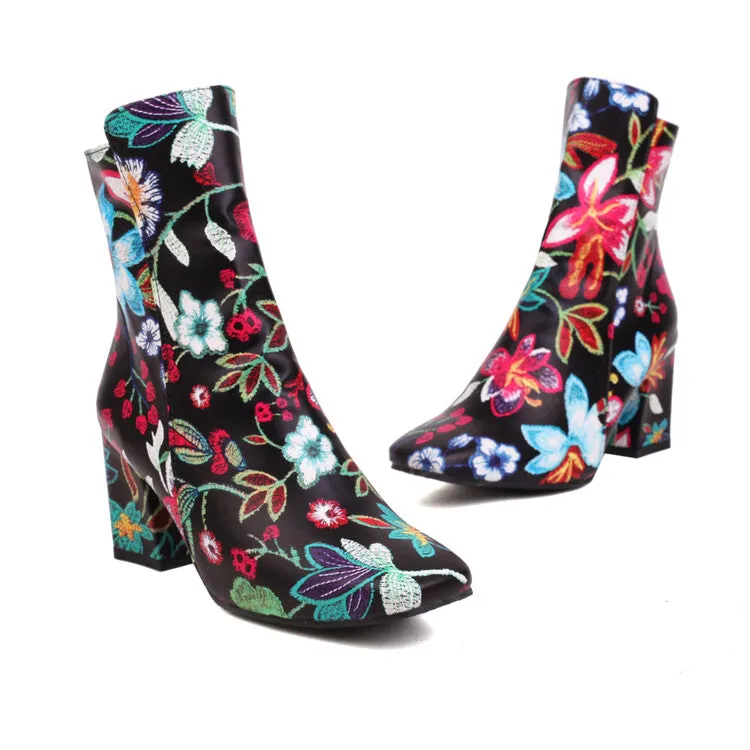 Women's Printed Pu Leather Side Zippers Block Chunky Heel Ankle Boots