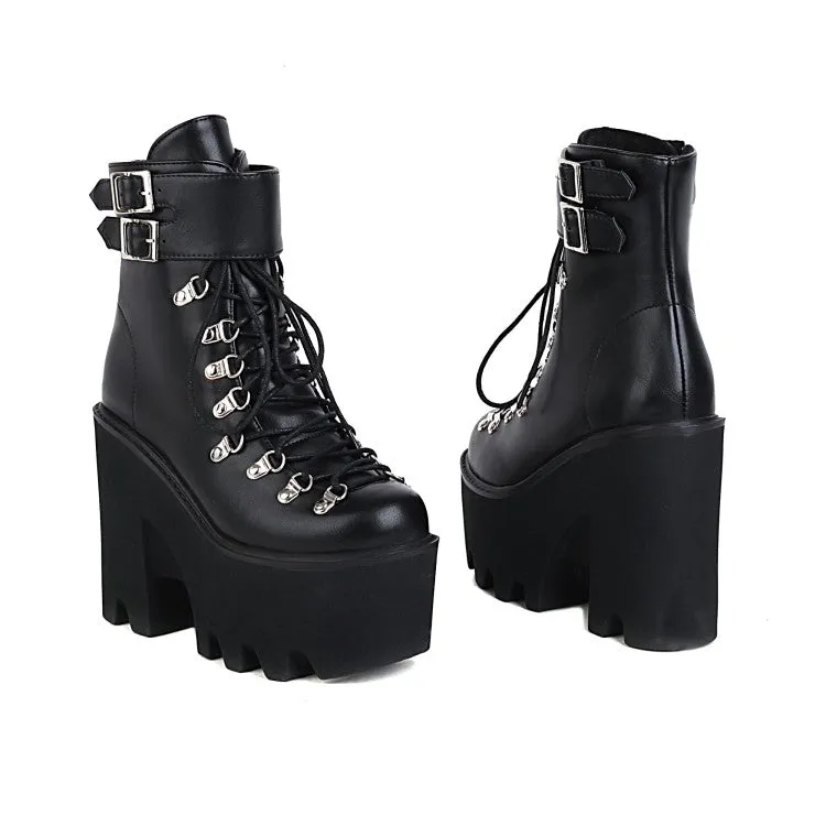 Women's Pu Leather Round Toe Metal Rivets Lace Up Buckle Straps Block Chunky Heel Platform Ankle Boots