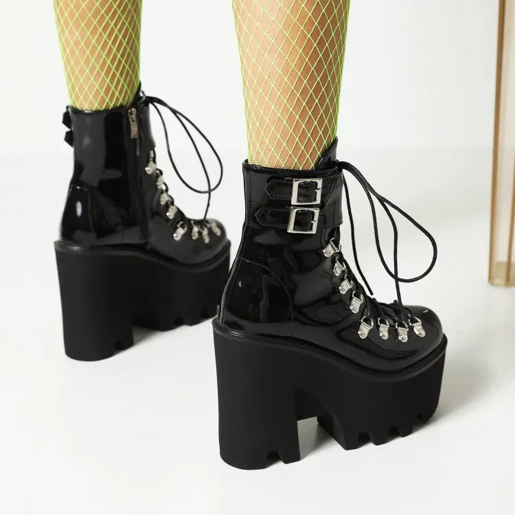 Women's Pu Leather Round Toe Metal Rivets Lace Up Buckle Straps Block Chunky Heel Platform Ankle Boots