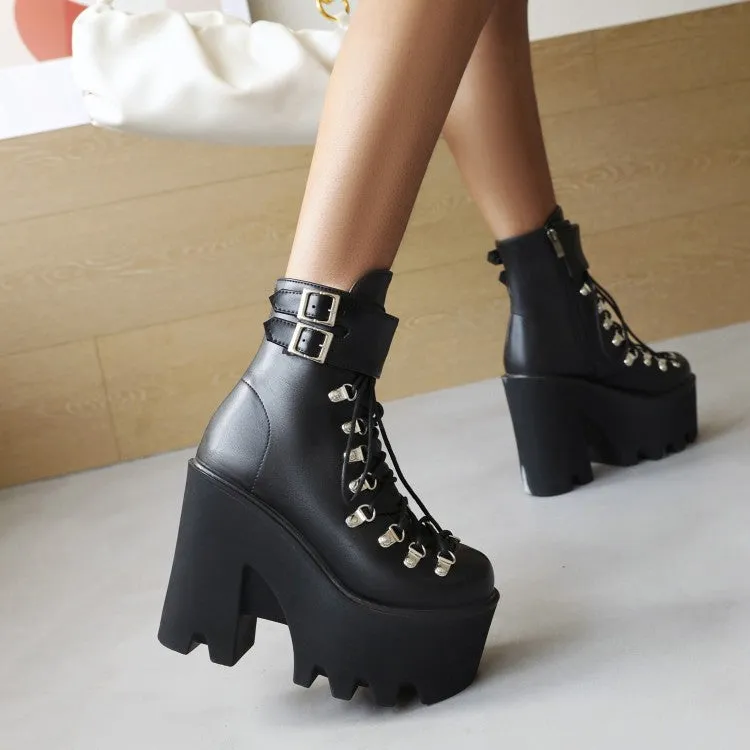 Women's Pu Leather Round Toe Metal Rivets Lace Up Buckle Straps Block Chunky Heel Platform Ankle Boots