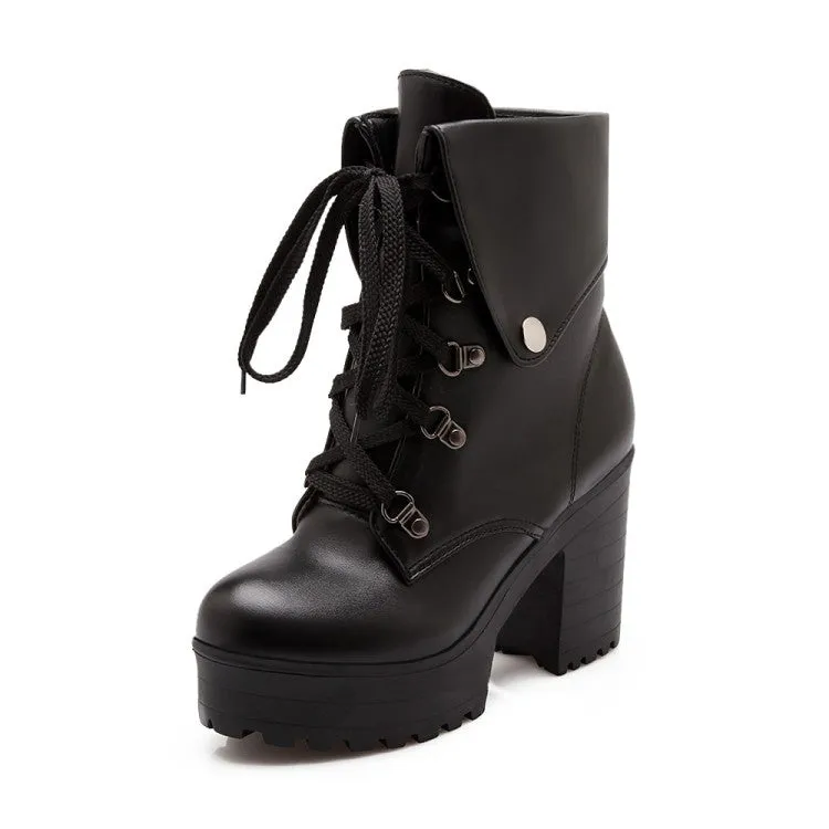 Women's Round Toe Rivets Lace-Up Block Chunky Heel Platform Short Boots