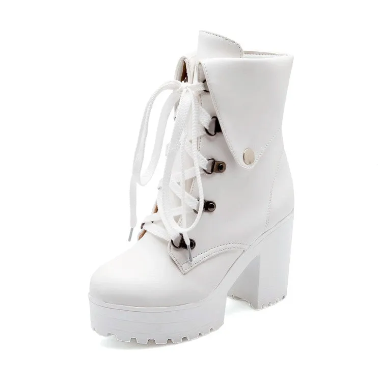 Women's Round Toe Rivets Lace-Up Block Chunky Heel Platform Short Boots