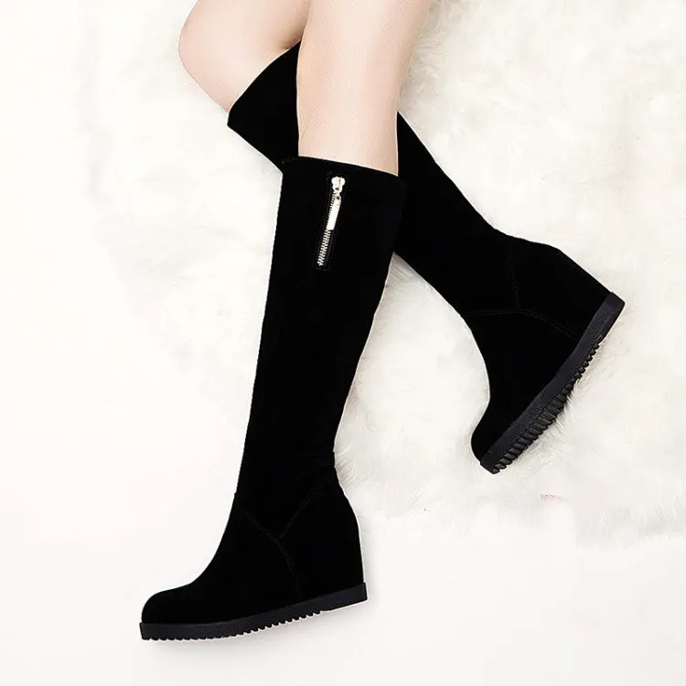 Women's Flock Round Toe Zippers Wedge Heel Knee High Boots