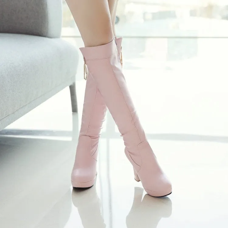 Women's Side Zippers Rhinestone Spool Heel Platform Knee High Boots