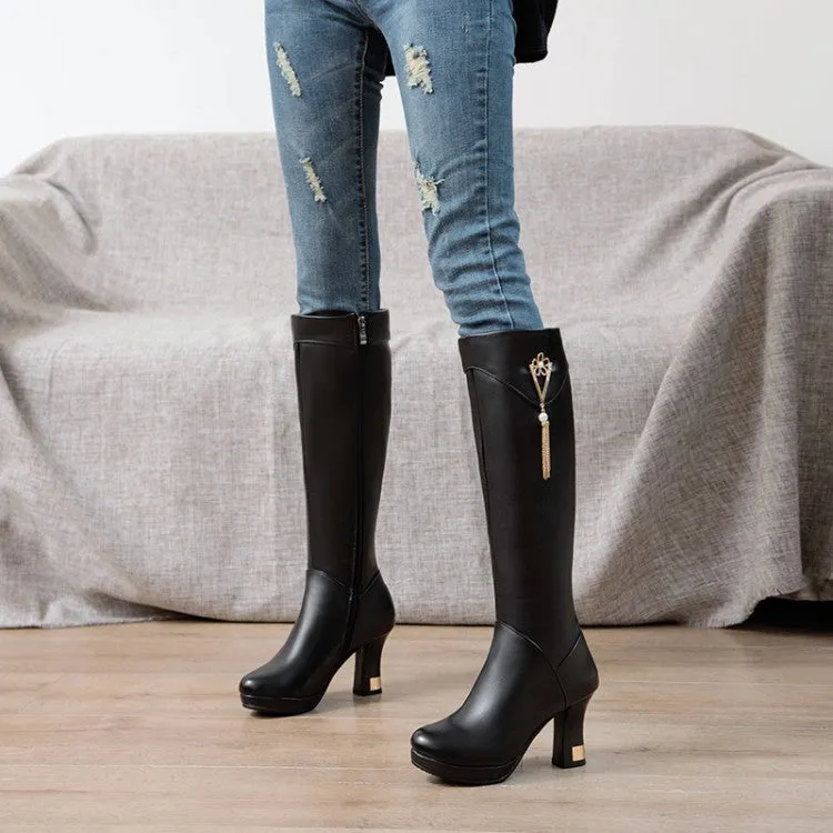 Women's Side Zippers Rhinestone Tassel Spool Heel Platform Knee High Boots