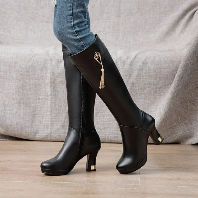 Women's Side Zippers Rhinestone Tassel Spool Heel Platform Knee High Boots