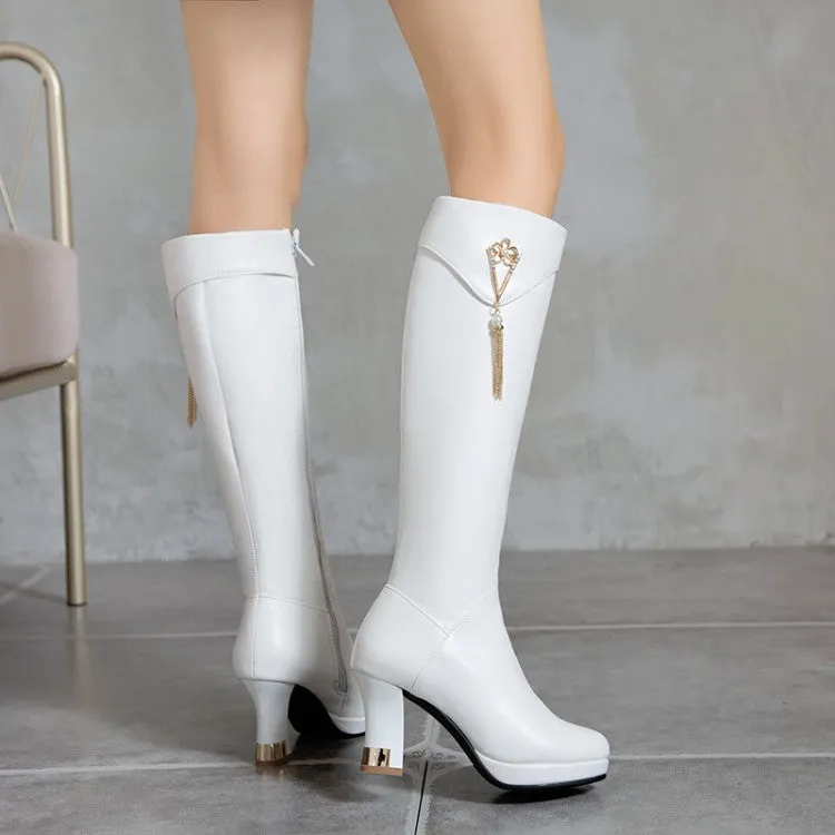 Women's Side Zippers Rhinestone Tassel Spool Heel Platform Knee High Boots