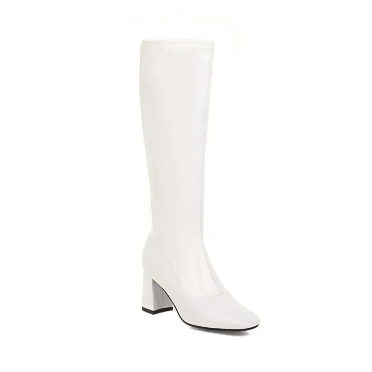 Women's Square Toe Glossy Side Zippers Chunky Heel Knee-High Boots